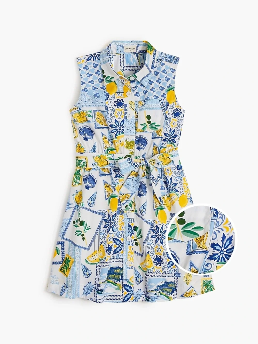 J. Crew Crewcuts Girls’ Tie-Waist Shirt-Dress White Brilliant Ocean